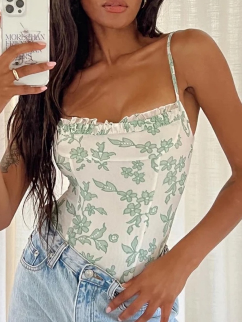 Princess Polly White bodysuit with Green Floral Print